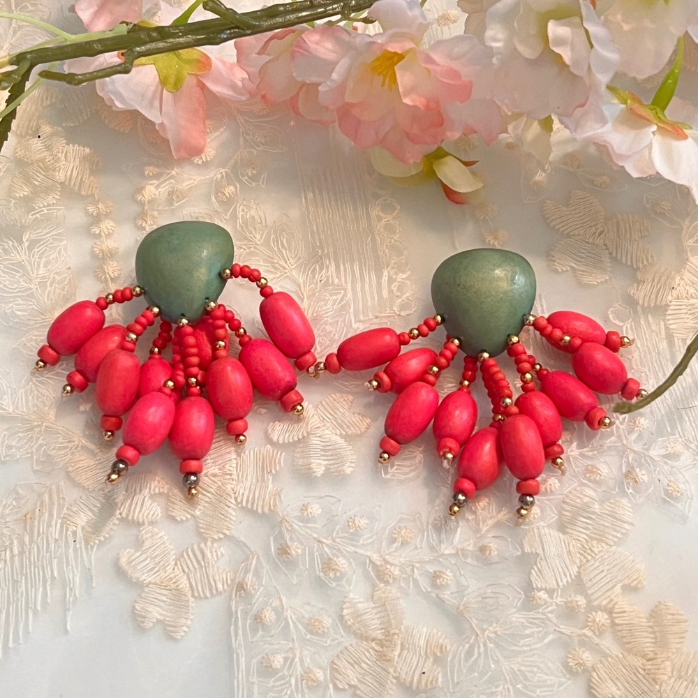 Vintage Pierced Earring Bohemian Wood Bead Statement Earrings  Chandelier Drop